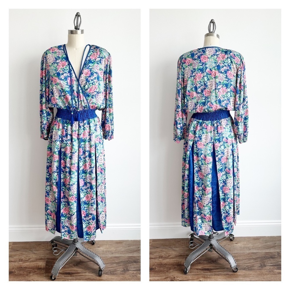 Vintage Diane Freis Original Georgette Midi Dress Floral Blue Pink Size M/L